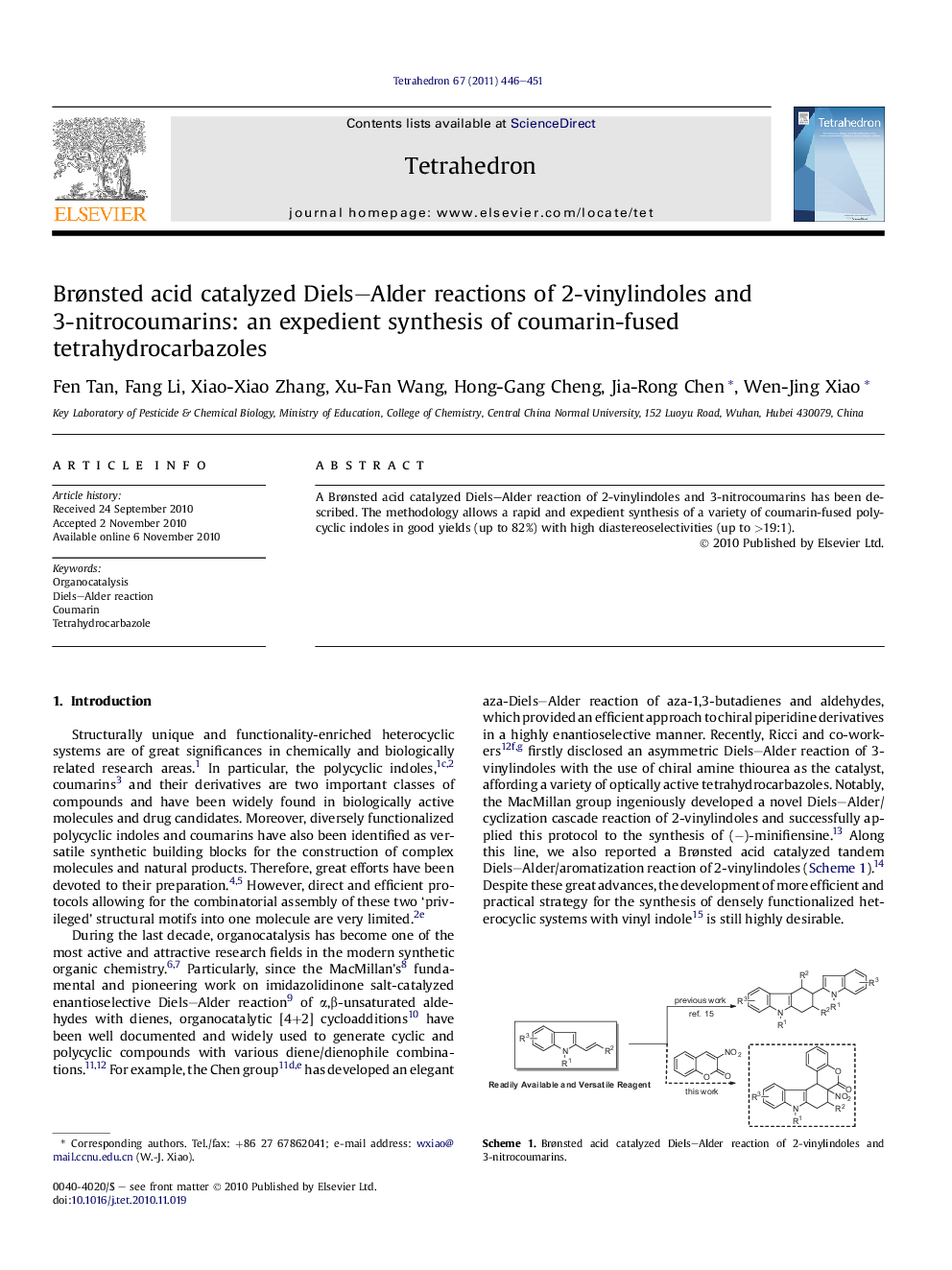 Brønsted acid catalyzed Diels–Alder reactions of 2-vinylindoles and 3-nitrocoumarins: an expedient synthesis of coumarin-fused tetrahydrocarbazoles