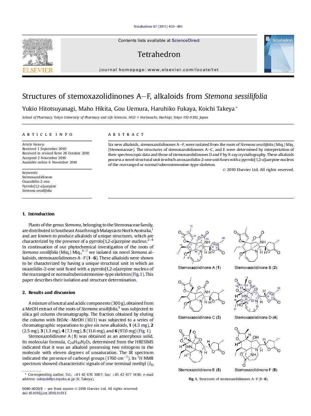 Structures of stemoxazolidinones A-F, alkaloids from Stemona sessilifolia