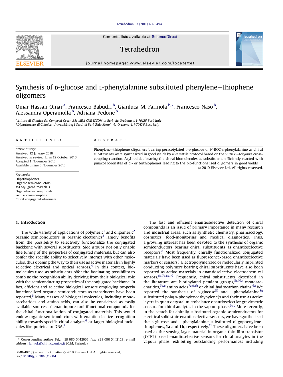 Synthesis of d-glucose and l-phenylalanine substituted phenylene–thiophene oligomers