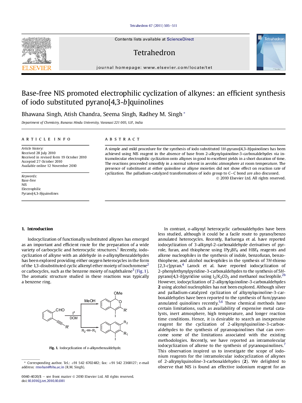 Base-free NIS promoted electrophilic cyclization of alkynes: an efficient synthesis of iodo substituted pyrano[4,3-b]quinolines