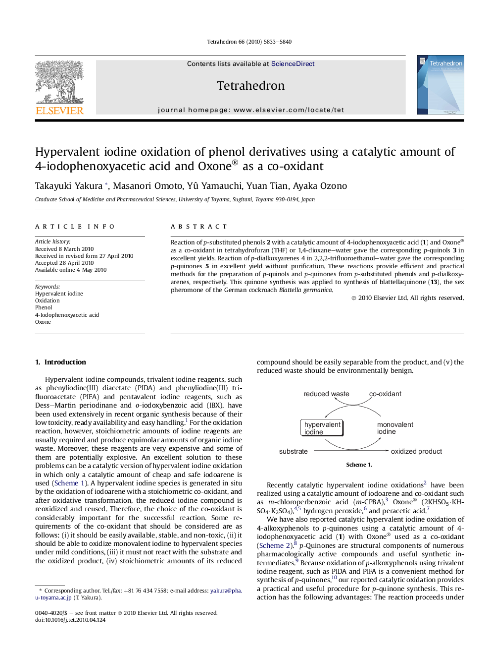 Hypervalent iodine oxidation of phenol derivatives using a catalytic amount of 4-iodophenoxyacetic acid and Oxone® as a co-oxidant