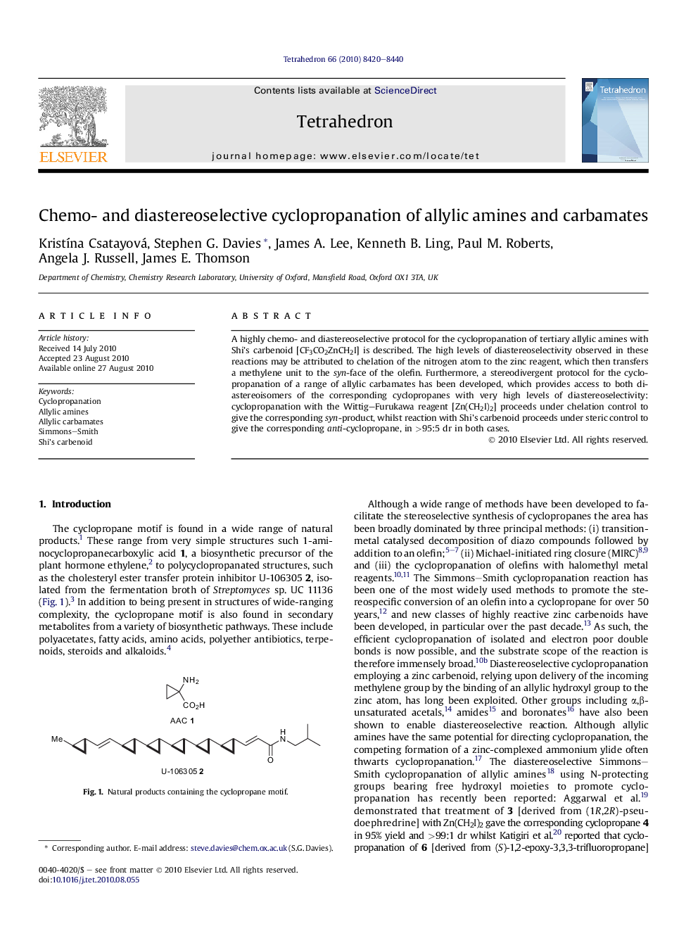 Chemo- and diastereoselective cyclopropanation of allylic amines and carbamates