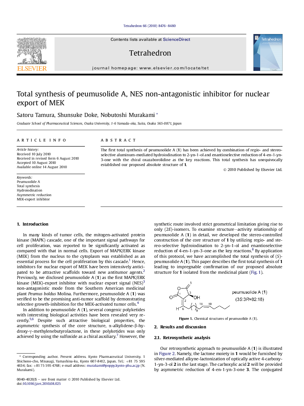 Total synthesis of peumusolide A, NES non-antagonistic inhibitor for nuclear export of MEK