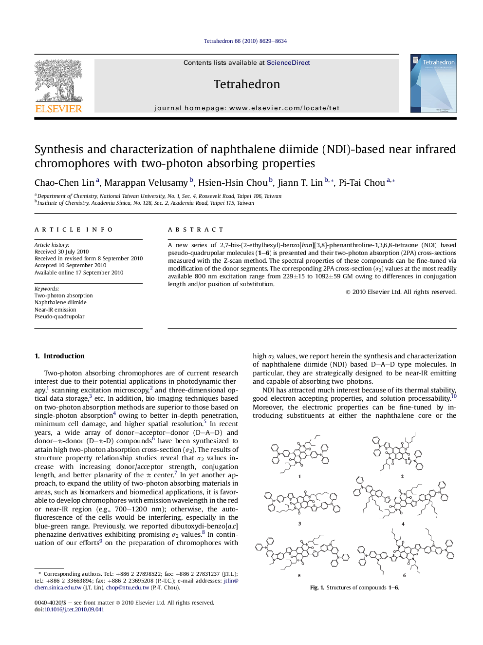 عکس صفحه اول مقاله: Synthesis and characterization of naphthalene diimide (NDI)-based near infrared chromophores with two-photon absorbing properties Synthesis and characterization of naphthalene diimide (NDI)-based near infrared chromophores with two-photon absorbing properties