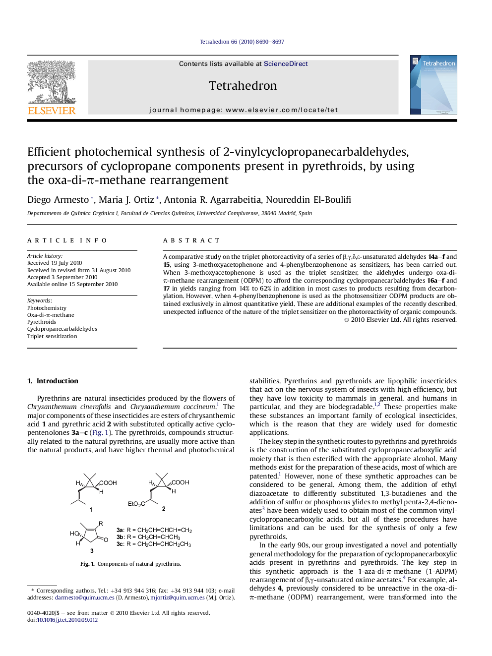 Efficient photochemical synthesis of 2-vinylcyclopropanecarbaldehydes, precursors of cyclopropane components present in pyrethroids, by using the oxa-di-Ï-methane rearrangement