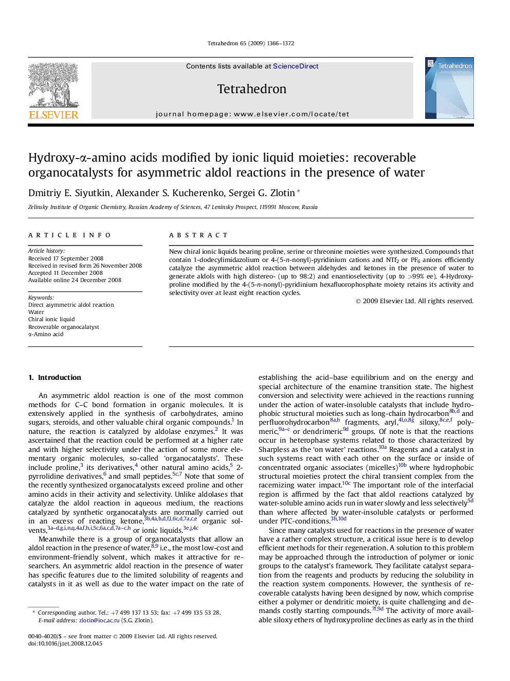 Hydroxy-Î±-amino acids modified by ionic liquid moieties: recoverable organocatalysts for asymmetric aldol reactions in the presence of water