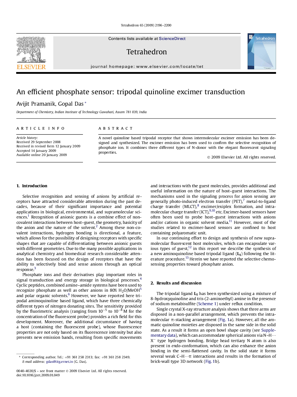 An efficient phosphate sensor: tripodal quinoline excimer transduction