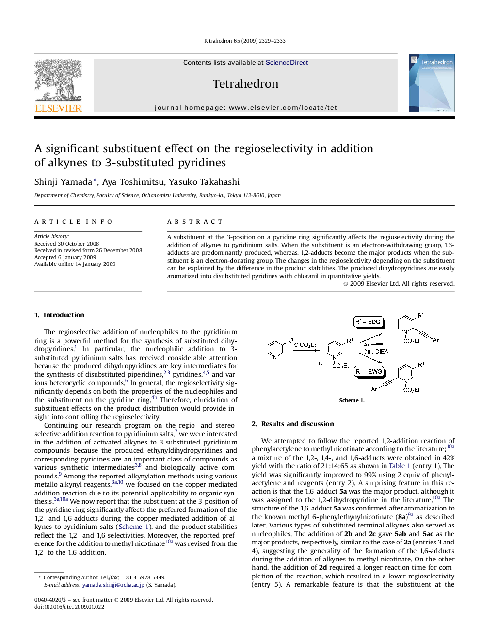 عکس صفحه اول مقاله: A significant substituent effect on the regioselectivity in addition of alkynes to 3-substituted pyridines A significant substituent effect on the regioselectivity in addition of alkynes to 3-substituted pyridines