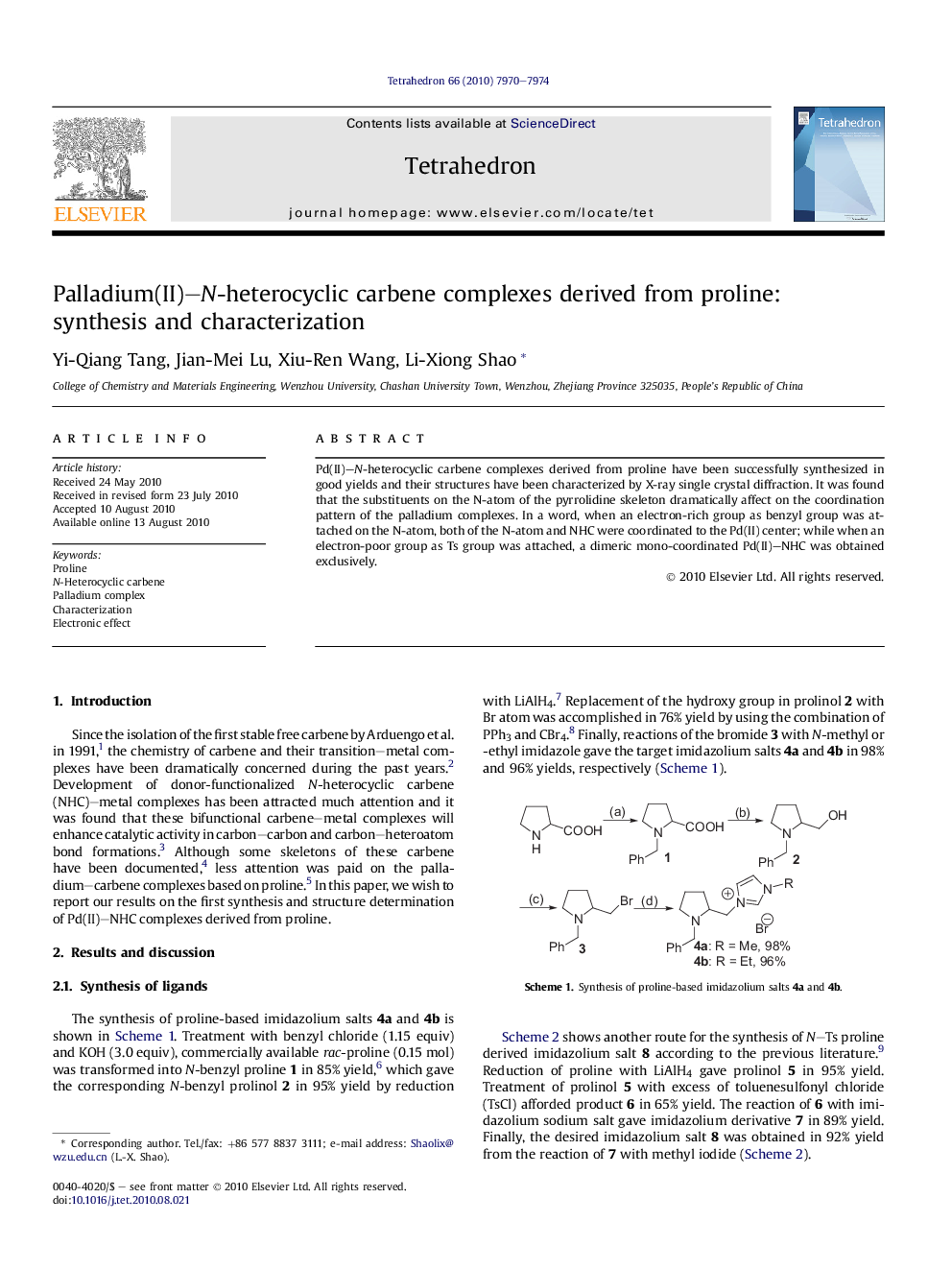 Palladium(II)-N-heterocyclic carbene complexes derived from proline: synthesis and characterization