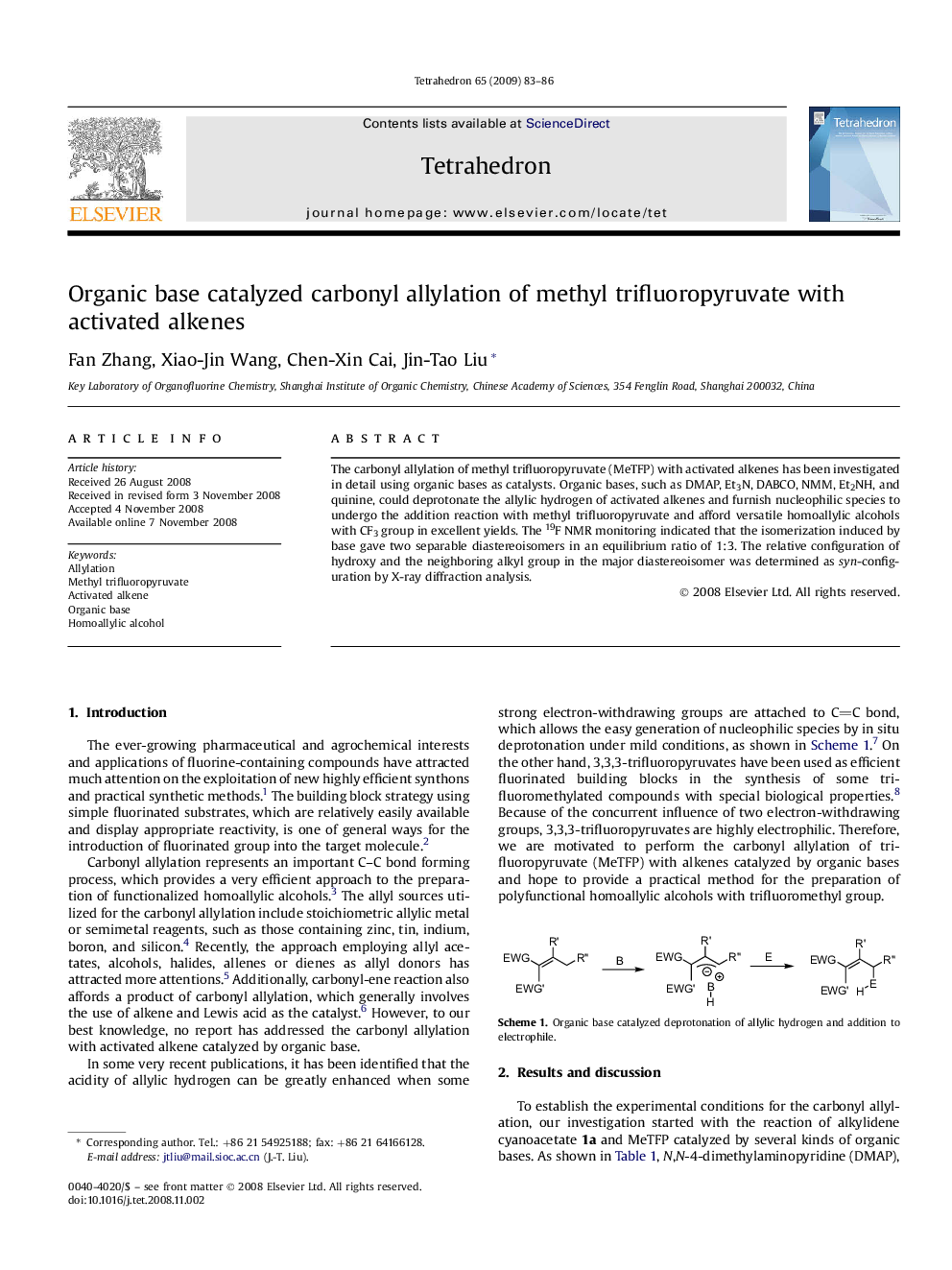 عکس صفحه اول مقاله: Organic base catalyzed carbonyl allylation of methyl trifluoropyruvate with activated alkenes Organic base catalyzed carbonyl allylation of methyl trifluoropyruvate with activated alkenes