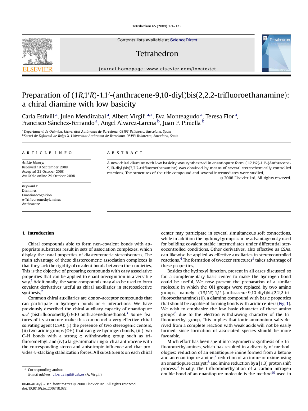 عکس صفحه اول مقاله: Preparation of (1R,1′R)-1,1′-(anthracene-9,10-diyl)bis(2,2,2-trifluoroethanamine): a chiral diamine with low basicity Preparation of (1R,1′R)-1,1′-(anthracene-9,10-diyl)bis(2,2,2-trifluoroethanamine): a chiral diamine with low basicity