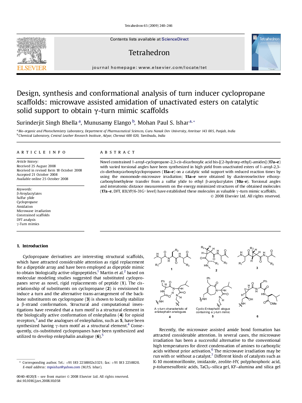 Design, synthesis and conformational analysis of turn inducer cyclopropane scaffolds: microwave assisted amidation of unactivated esters on catalytic solid support to obtain Î³-turn mimic scaffolds