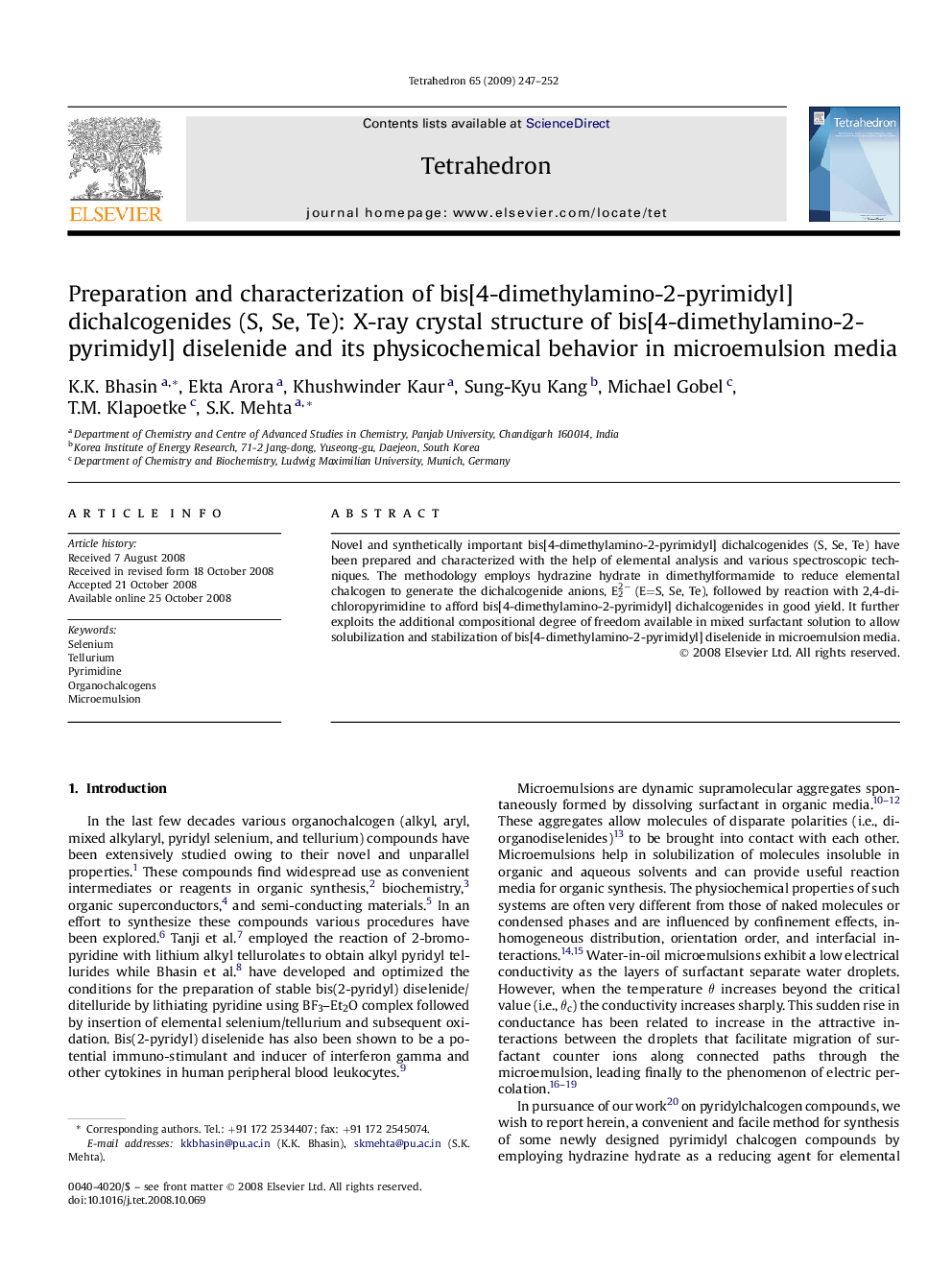 Preparation and characterization of bis[4-dimethylamino-2-pyrimidyl] dichalcogenides (S, Se, Te): X-ray crystal structure of bis[4-dimethylamino-2-pyrimidyl] diselenide and its physicochemical behavior in microemulsion media