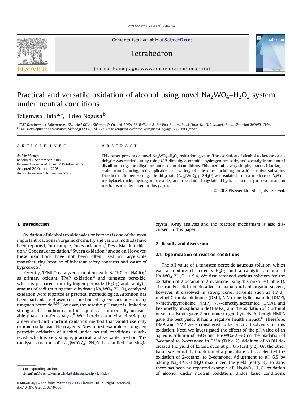 عکس صفحه اول مقاله: Practical and versatile oxidation of alcohol using novel Na2WO4-H2O2 system under neutral conditions Practical and versatile oxidation of alcohol using novel Na2WO4-H2O2 system under neutral conditions