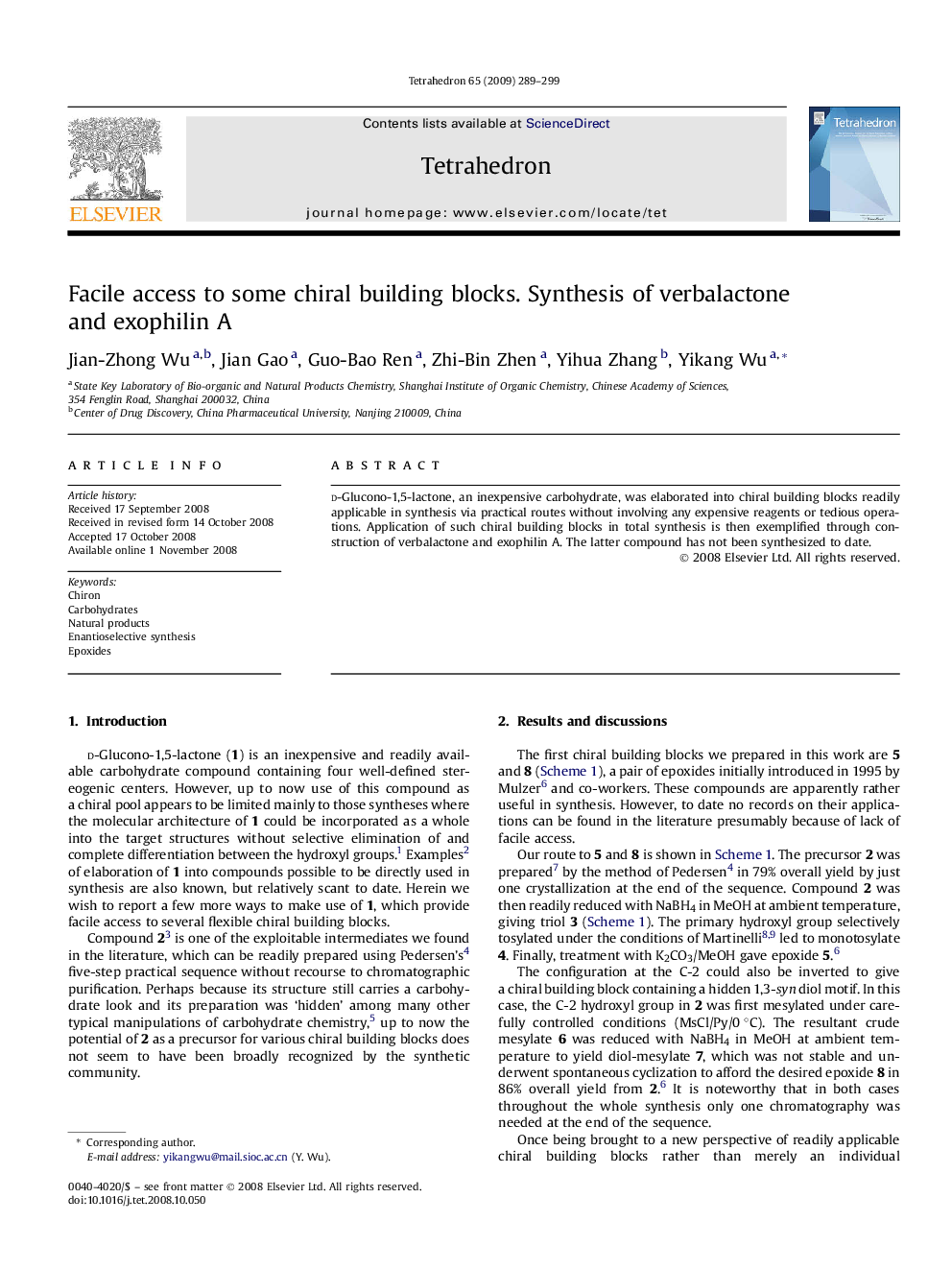 Facile access to some chiral building blocks. Synthesis of verbalactone andÂ exophilin A