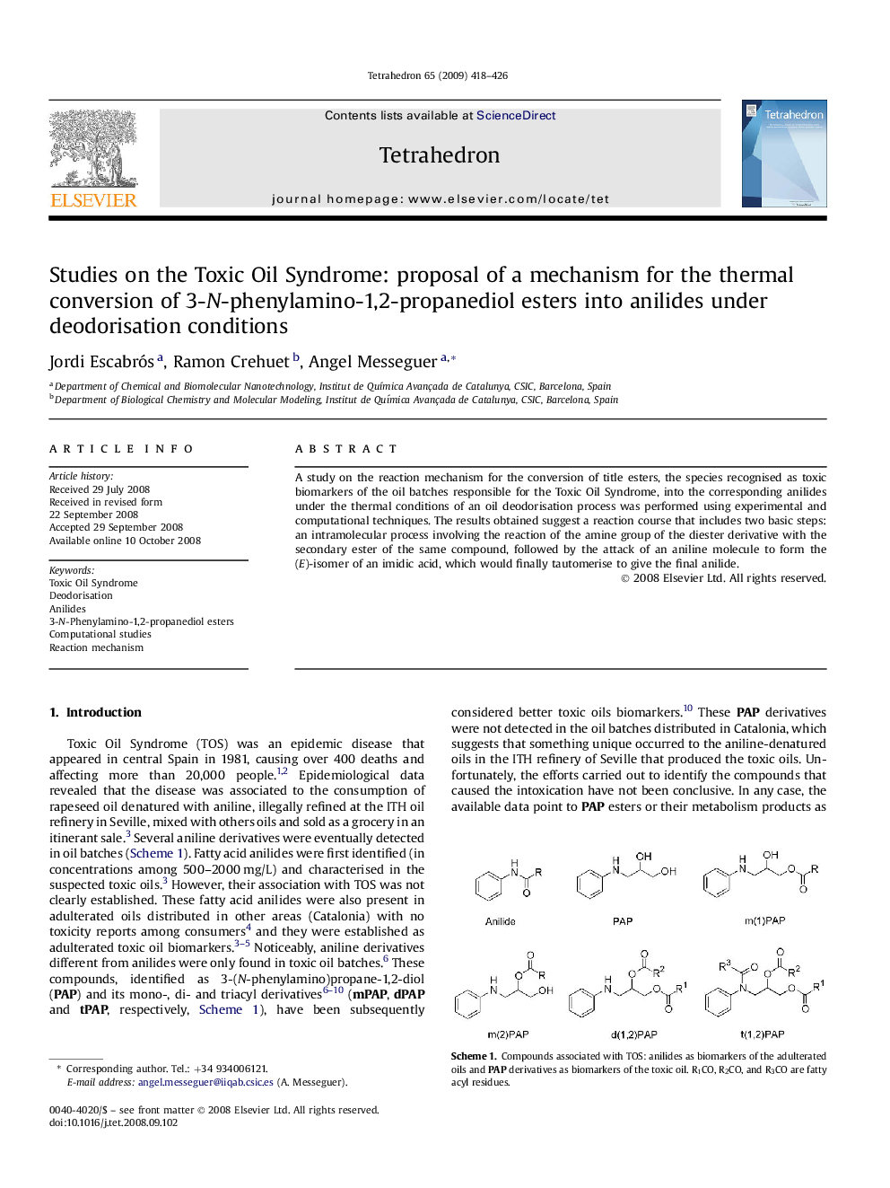 Studies on the Toxic Oil Syndrome: proposal of a mechanism for the thermal conversion of 3-N-phenylamino-1,2-propanediol esters into anilides under deodorisation conditions