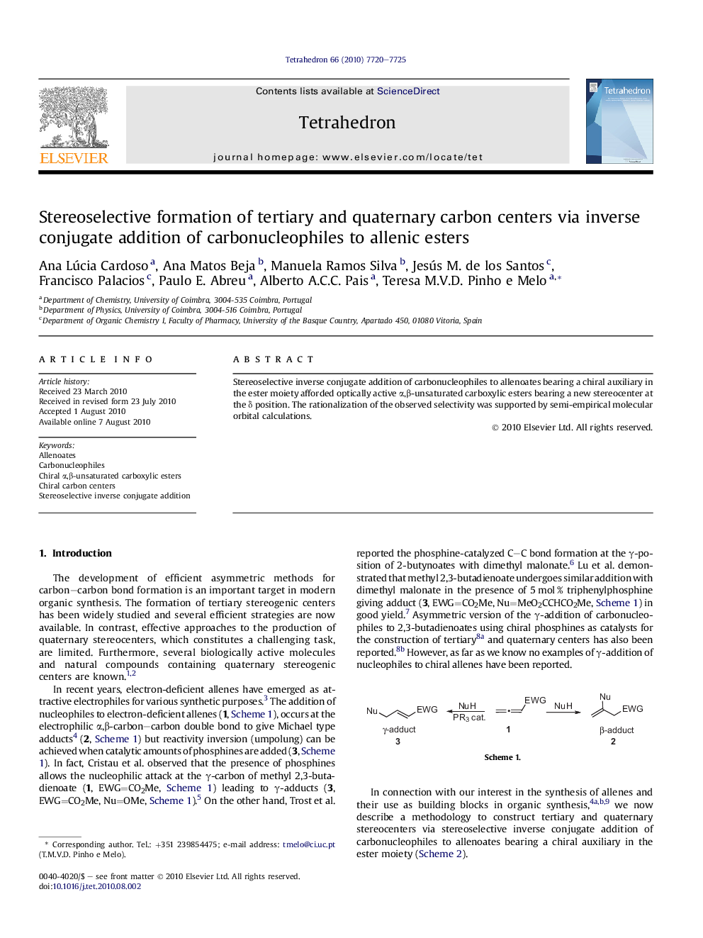 Stereoselective formation of tertiary and quaternary carbon centers via inverse conjugate addition of carbonucleophiles to allenic esters