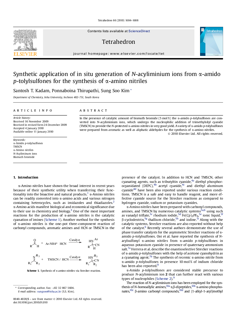 Synthetic application of in situ generation of N-acyliminium ions from Î±-amido p-tolylsulfones for the synthesis of Î±-amino nitriles