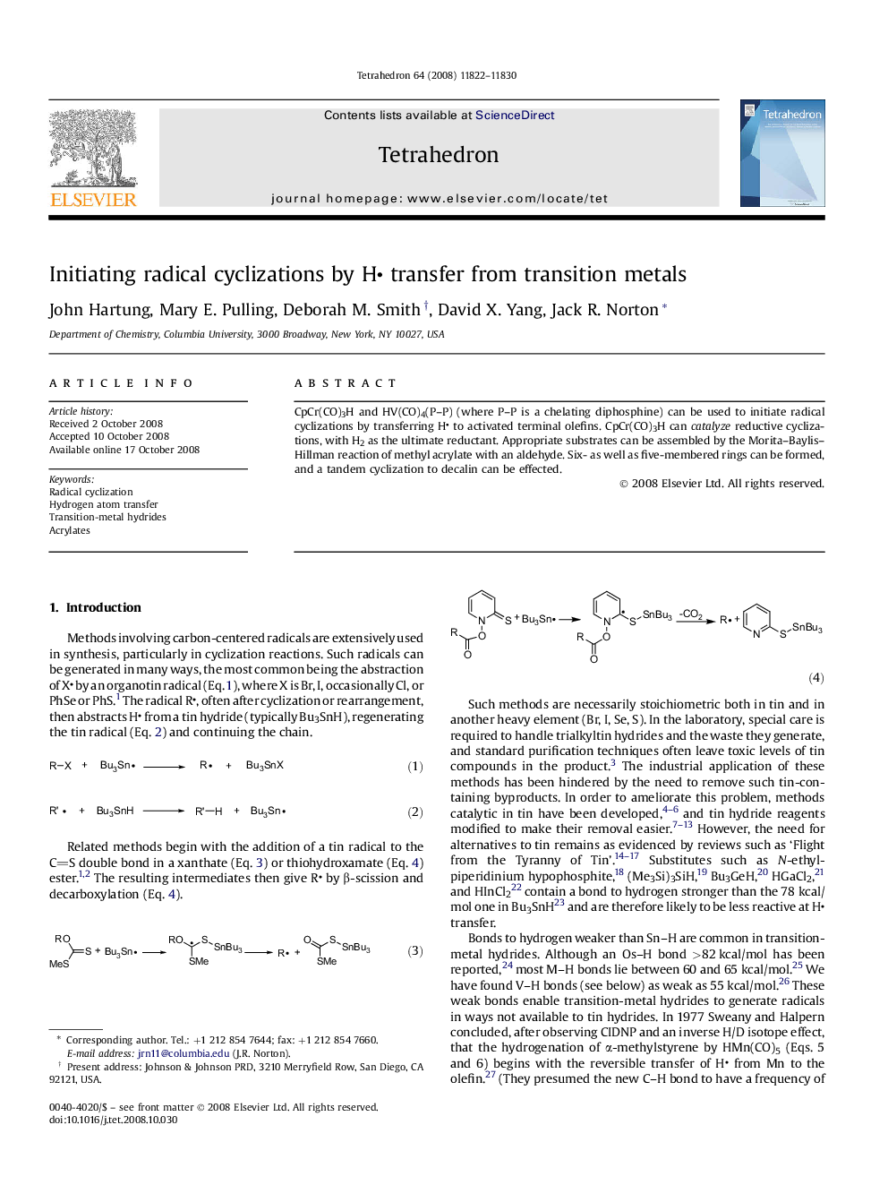 Initiating radical cyclizations by H transfer from transition metals