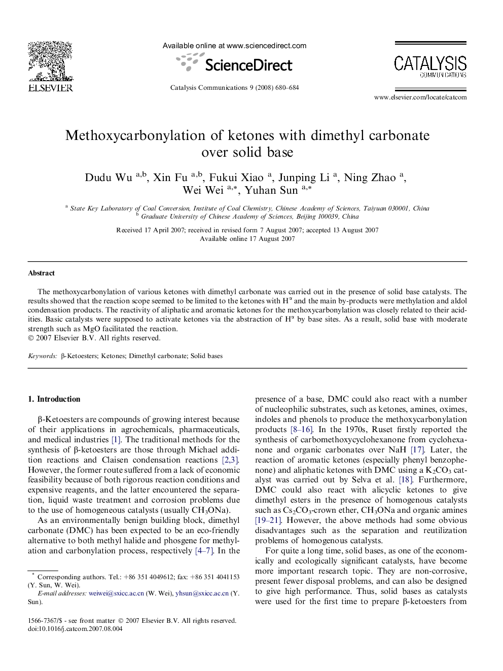 Methoxycarbonylation of ketones with dimethyl carbonate over solid base