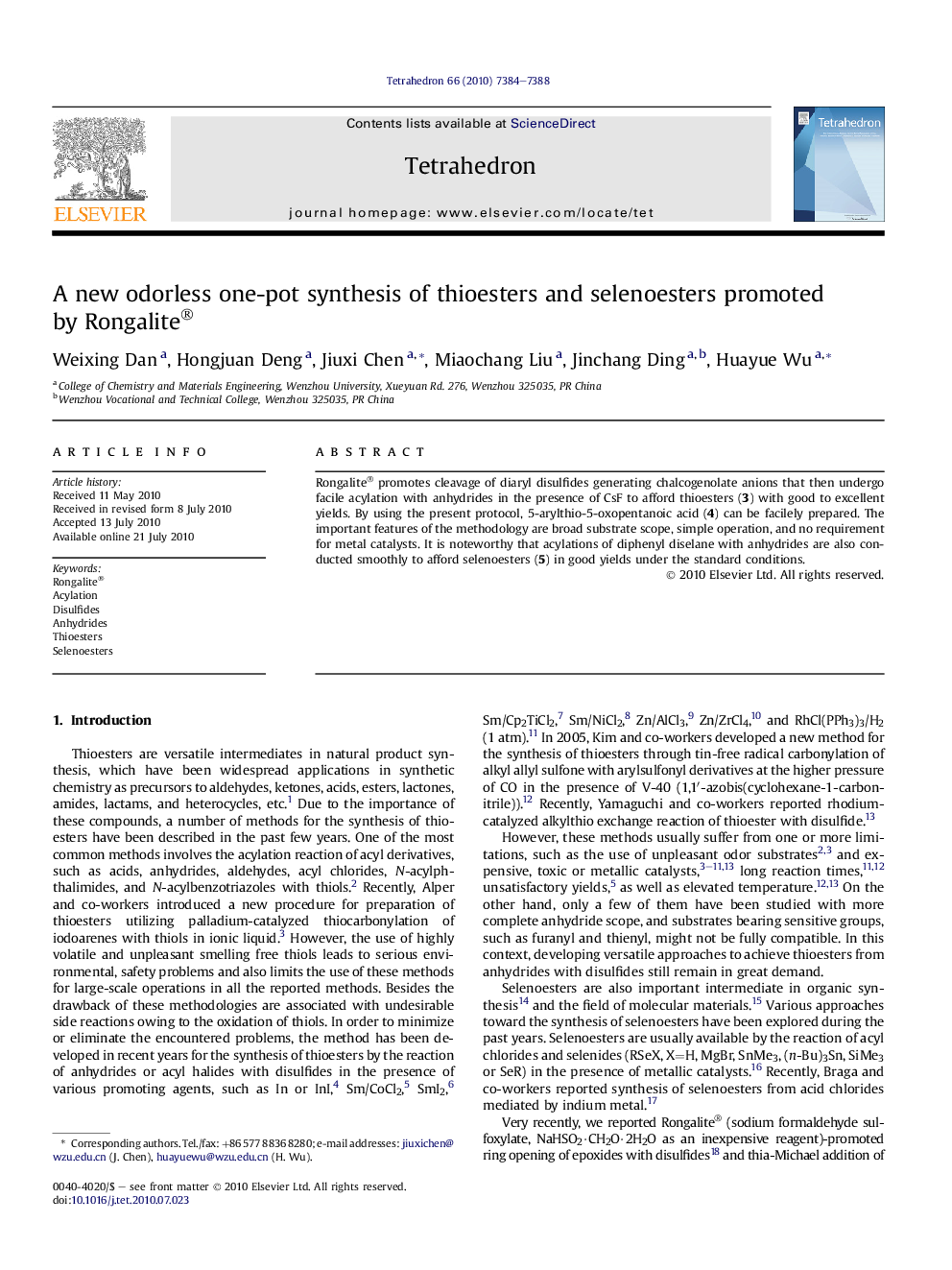 A new odorless one-pot synthesis of thioesters and selenoesters promoted by Rongalite®