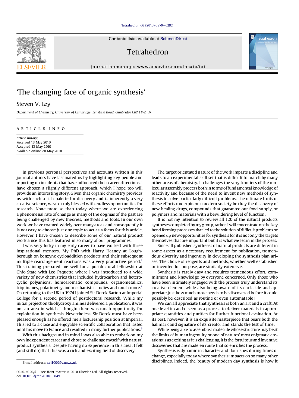 'The changing face of organic synthesis'