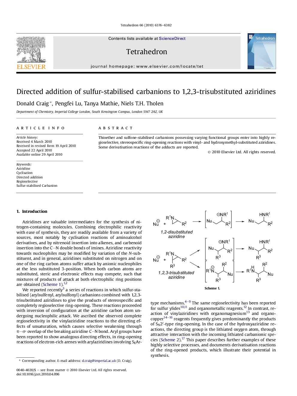 Directed addition of sulfur-stabilised carbanions to 1,2,3-trisubstituted aziridines