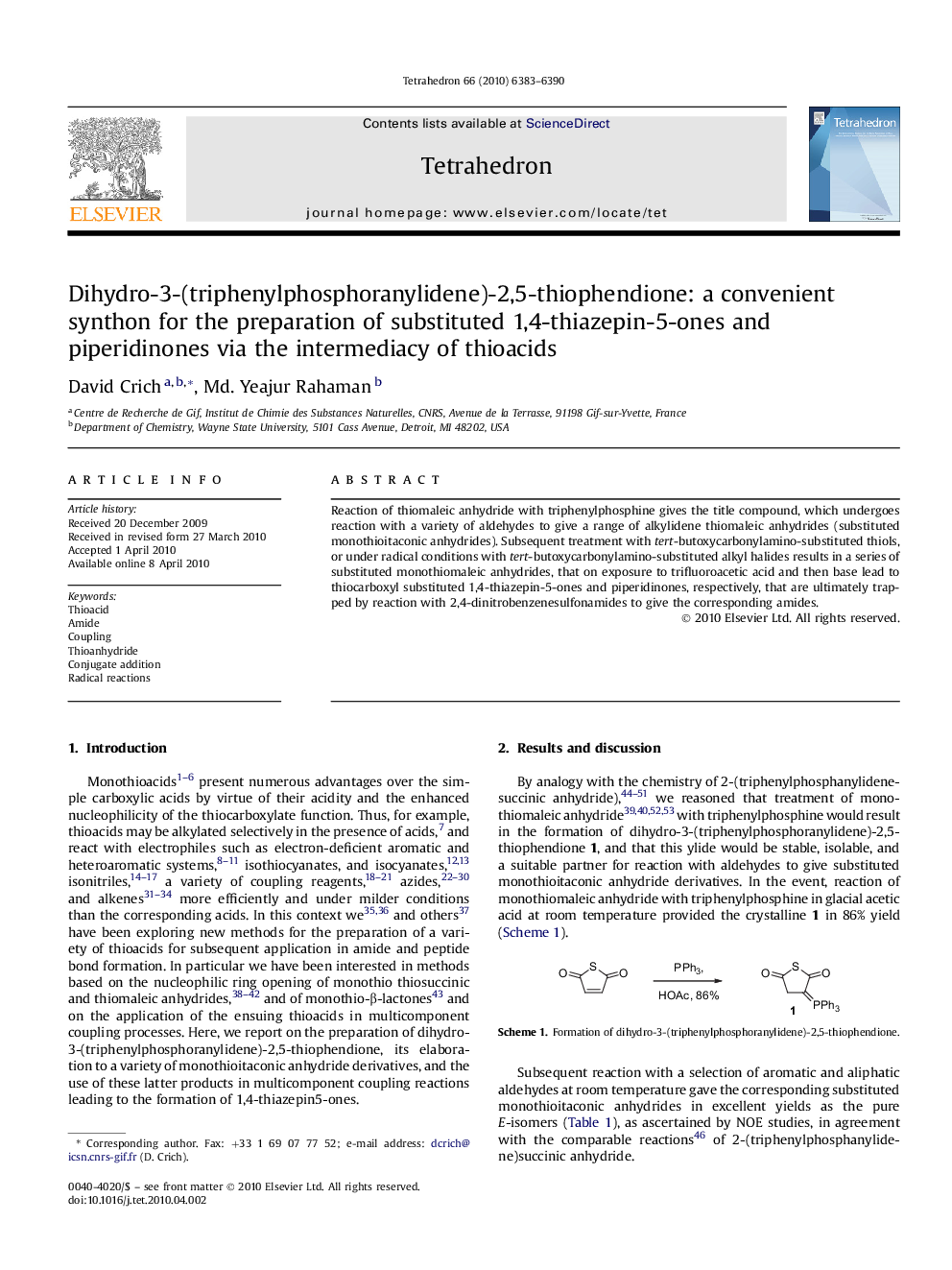 Dihydro-3-(triphenylphosphoranylidene)-2,5-thiophendione: a convenient synthon for the preparation of substituted 1,4-thiazepin-5-ones and piperidinones via the intermediacy of thioacids