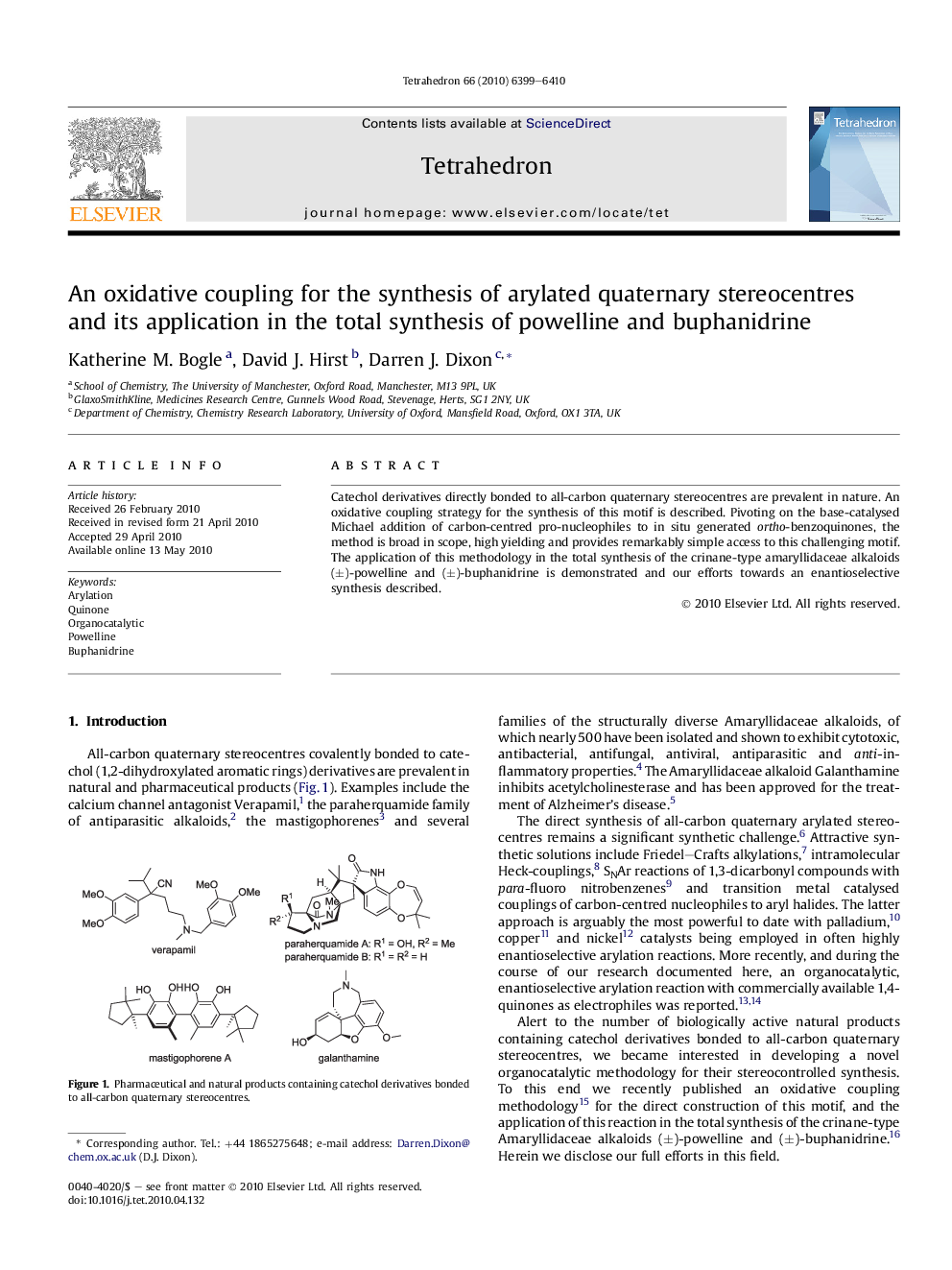 An oxidative coupling for the synthesis of arylated quaternary stereocentres and its application in the total synthesis of powelline and buphanidrine