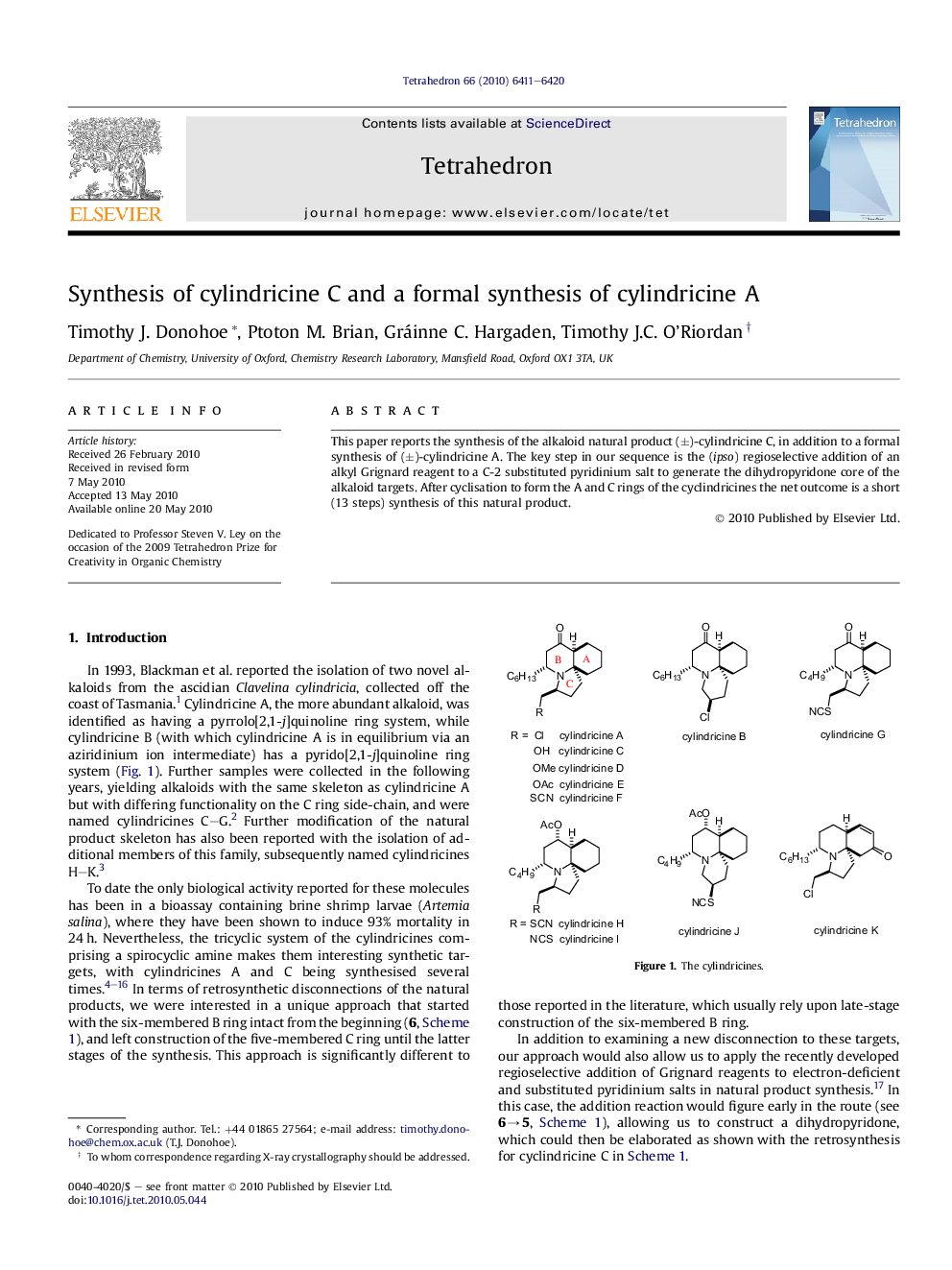 Synthesis of cylindricine C and a formal synthesis of cylindricine A