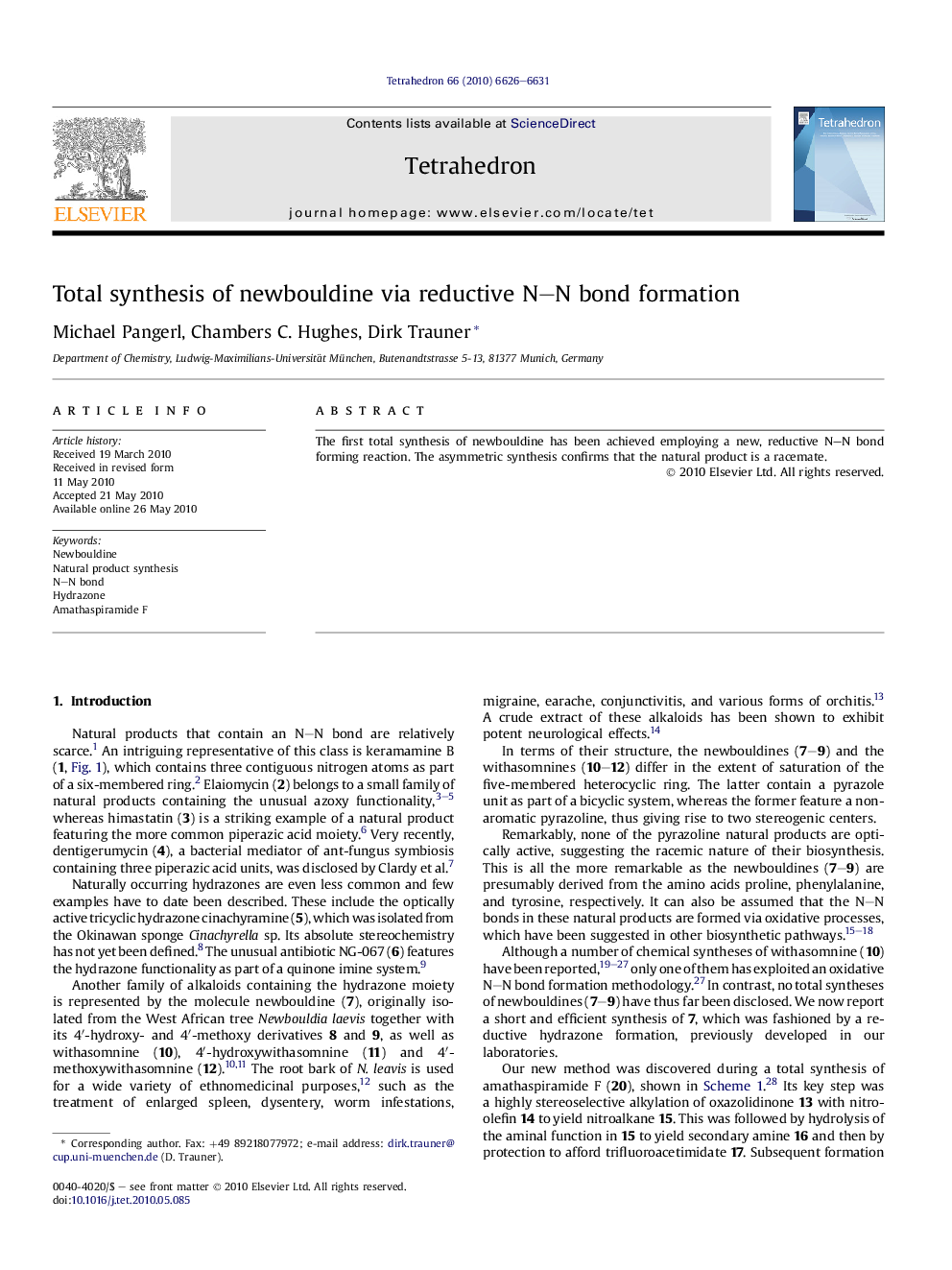 Total synthesis of newbouldine via reductive N–N bond formation