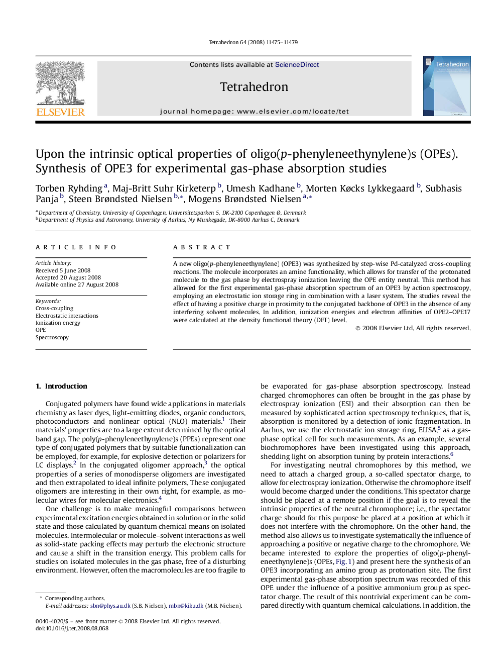 Upon the intrinsic optical properties of oligo(p-phenyleneethynylene)s (OPEs). Synthesis of OPE3 for experimental gas-phase absorption studies