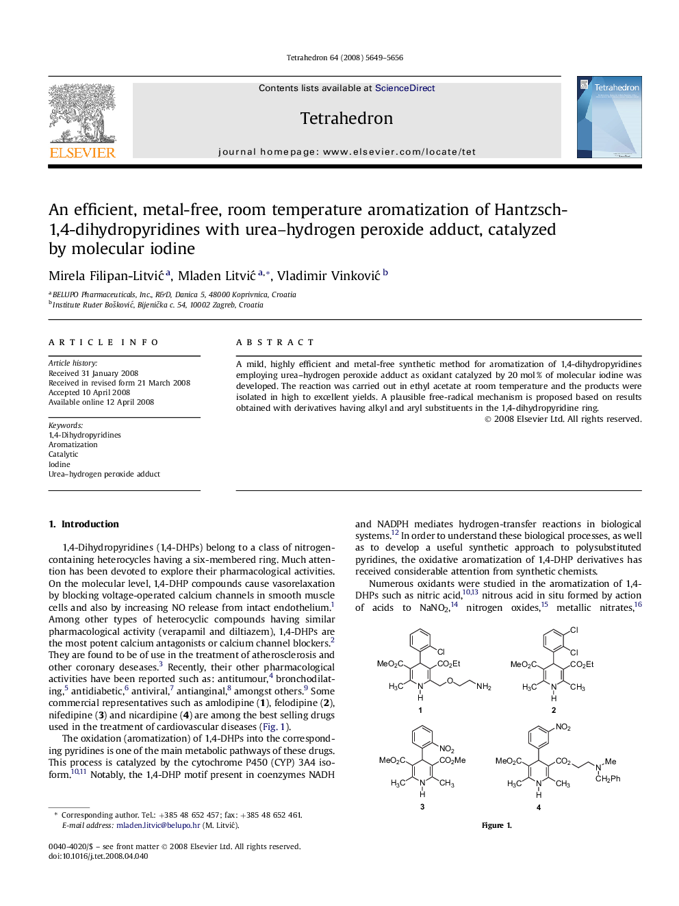 An efficient, metal-free, room temperature aromatization of Hantzsch-1,4-dihydropyridines with urea-hydrogen peroxide adduct, catalyzed by molecular iodine