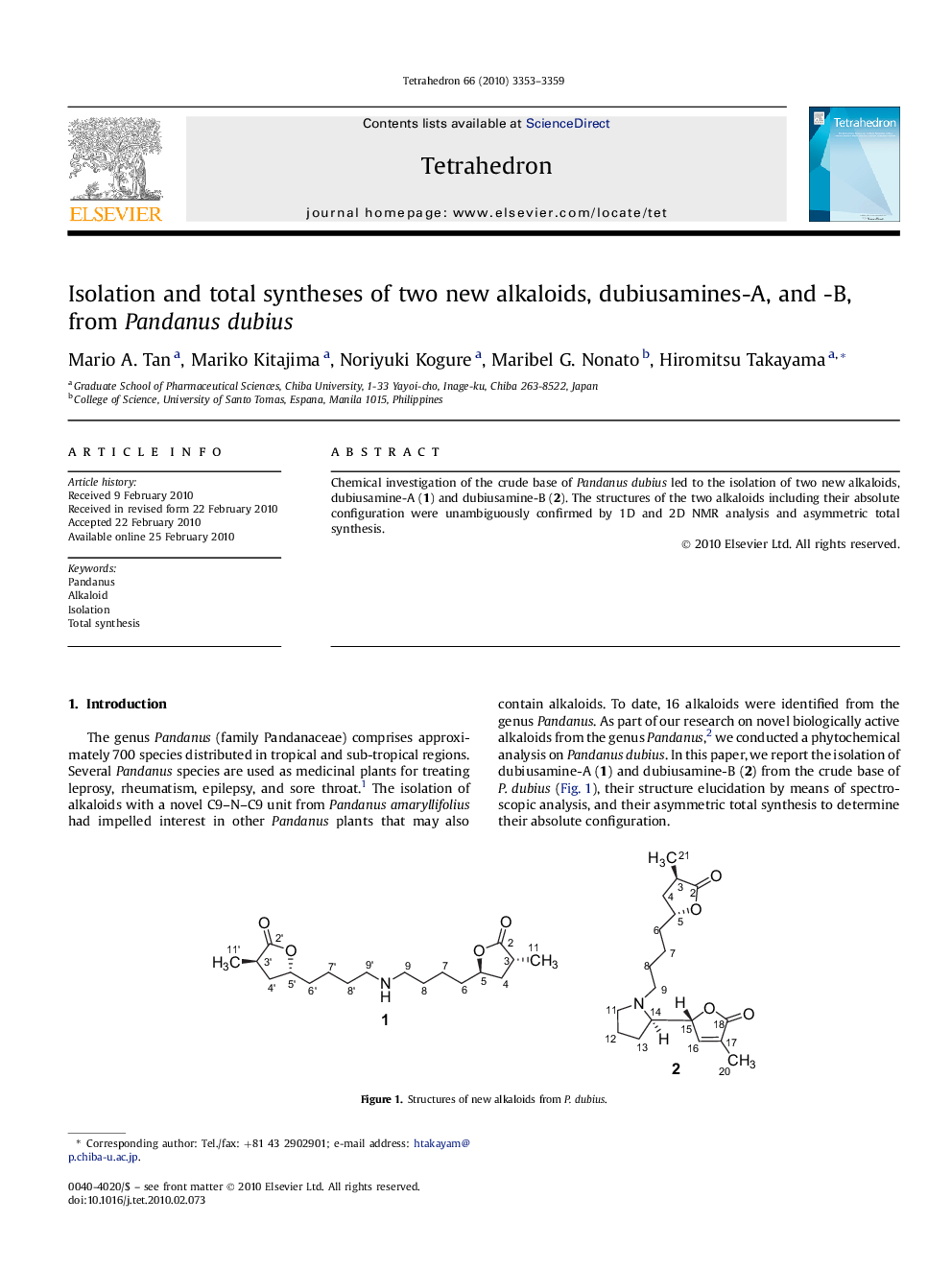 Isolation and total syntheses of two new alkaloids, dubiusamines-A, and -B, from Pandanus dubius