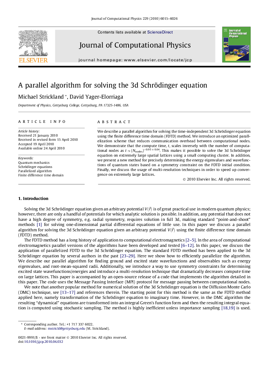 A parallel algorithm for solving the 3d Schrödinger equation