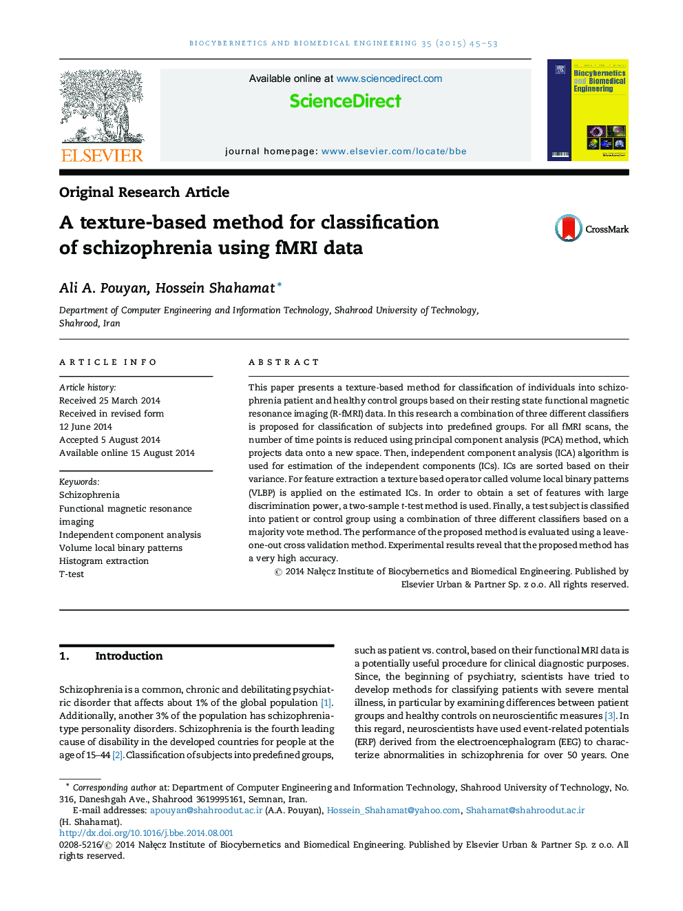 A texture-based method for classification of schizophrenia using fMRI data