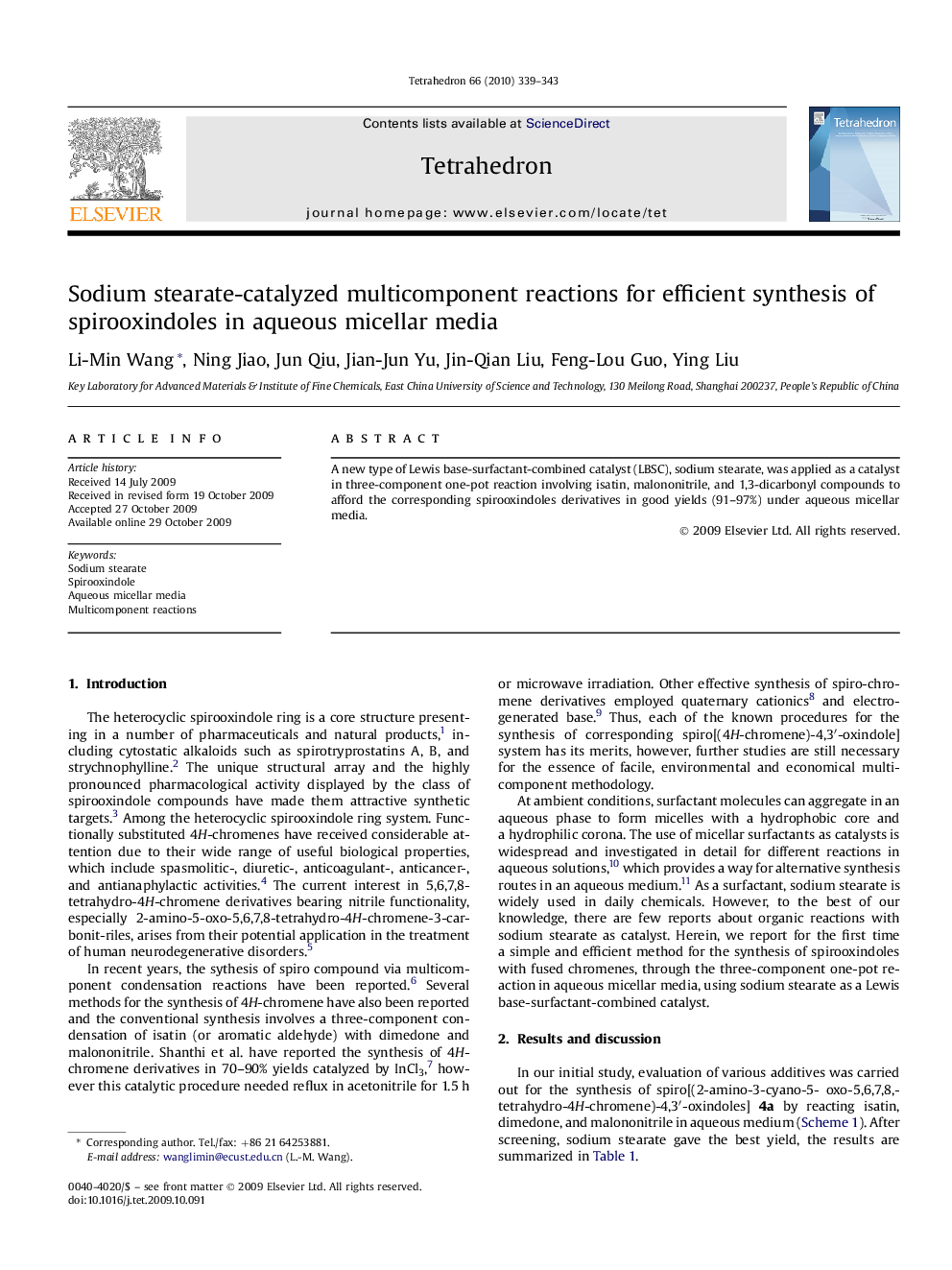 Sodium stearate-catalyzed multicomponent reactions for efficient synthesis of spirooxindoles in aqueous micellar media