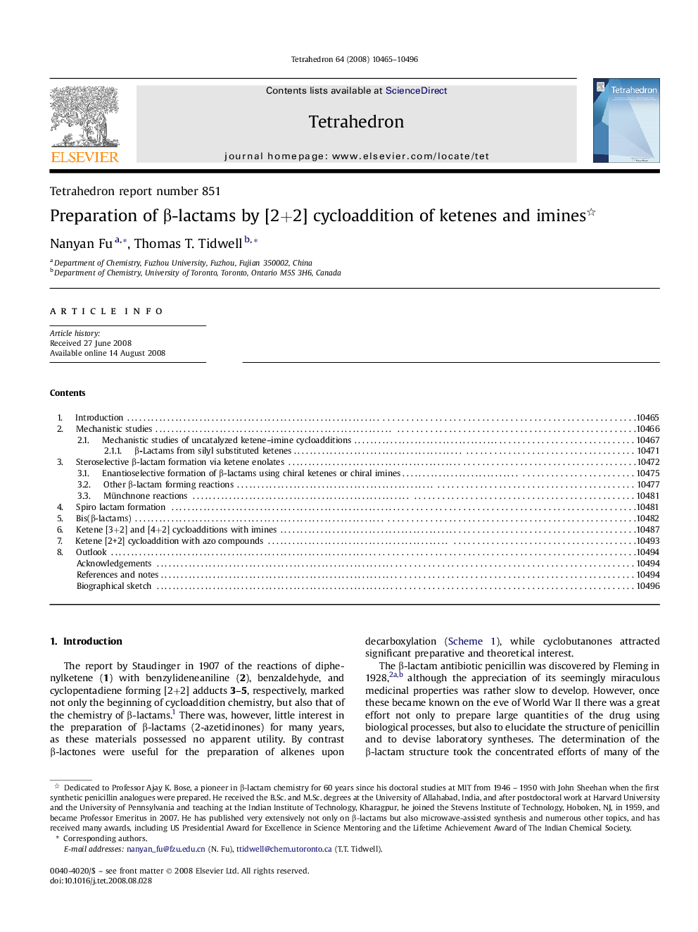 Tetrahedron report number 851Preparation of Î²-lactams by [2+2] cycloaddition of ketenes and imines