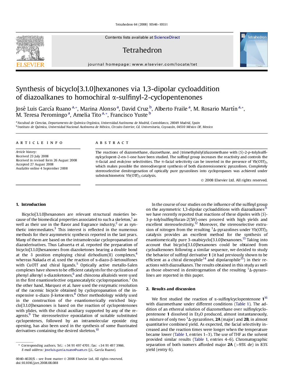 Synthesis of bicyclo[3.1.0]hexanones via 1,3-dipolar cycloaddition of diazoalkanes to homochiral Î±-sulfinyl-2-cyclopentenones