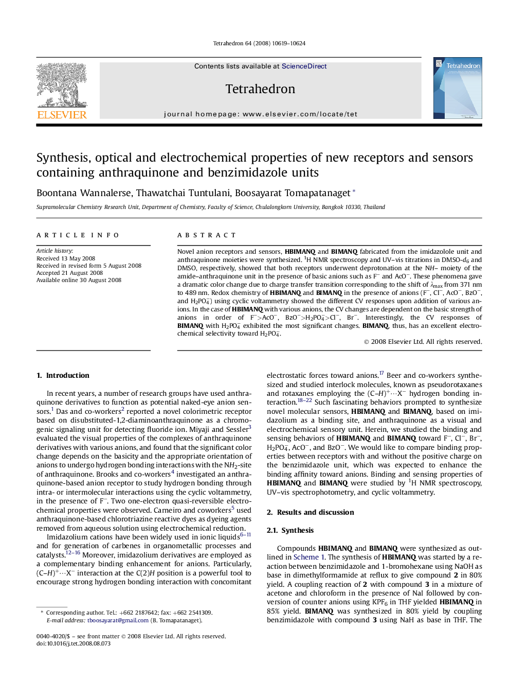 عکس صفحه اول مقاله: Synthesis, optical and electrochemical properties of new receptors and sensors containing anthraquinone and benzimidazole units Synthesis, optical and electrochemical properties of new receptors and sensors containing anthraquinone and benzimidazole units