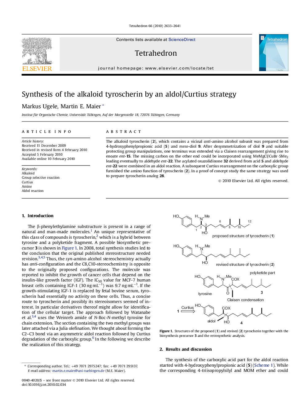 Synthesis of the alkaloid tyroscherin by an aldol/Curtius strategy