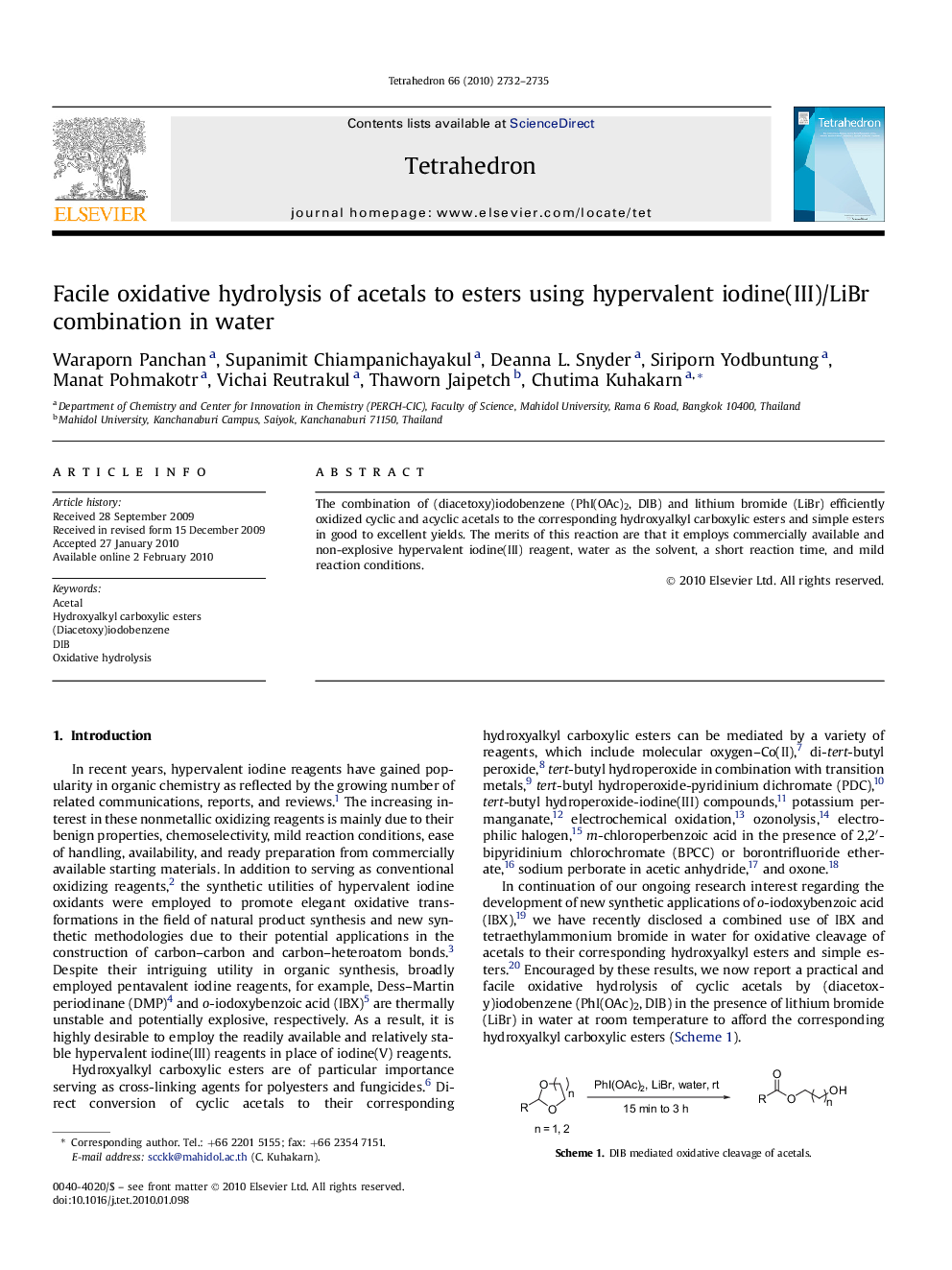 Facile oxidative hydrolysis of acetals to esters using hypervalent iodine(III)/LiBr combination in water