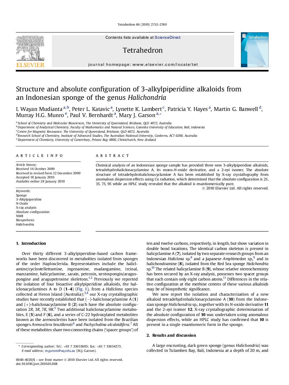 Structure and absolute configuration of 3-alkylpiperidine alkaloids from an Indonesian sponge of the genus Halichondria