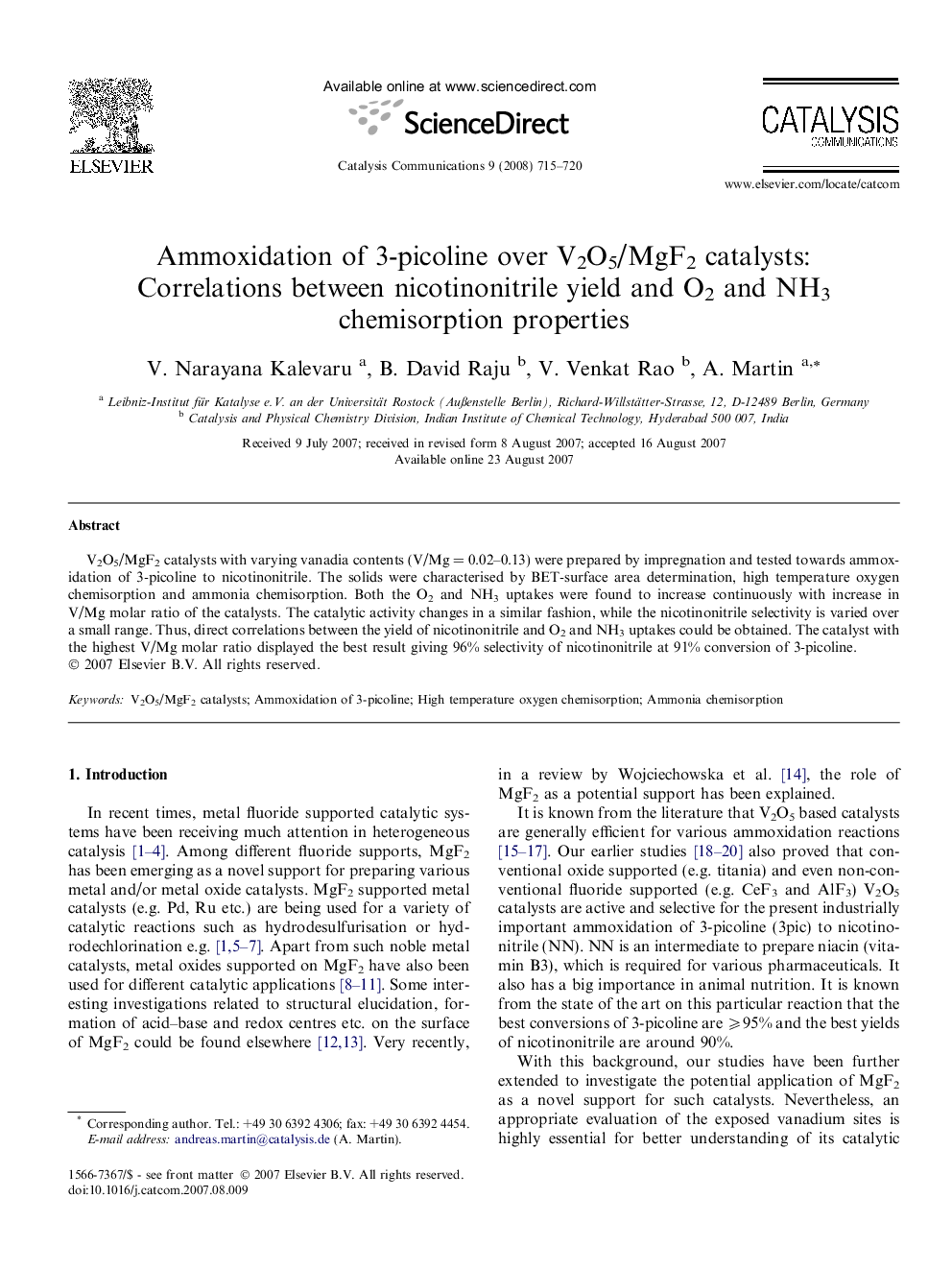 Ammoxidation of 3-picoline over V2O5/MgF2 catalysts: Correlations between nicotinonitrile yield and O2 and NH3 chemisorption properties