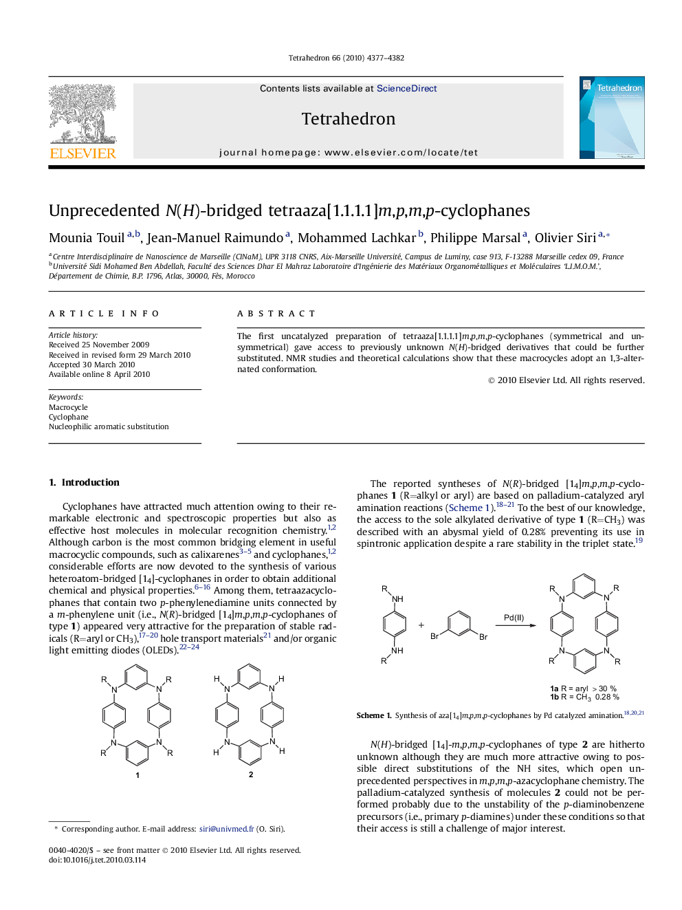 Unprecedented N(H)-bridged tetraaza[1.1.1.1]m,p,m,p-cyclophanes