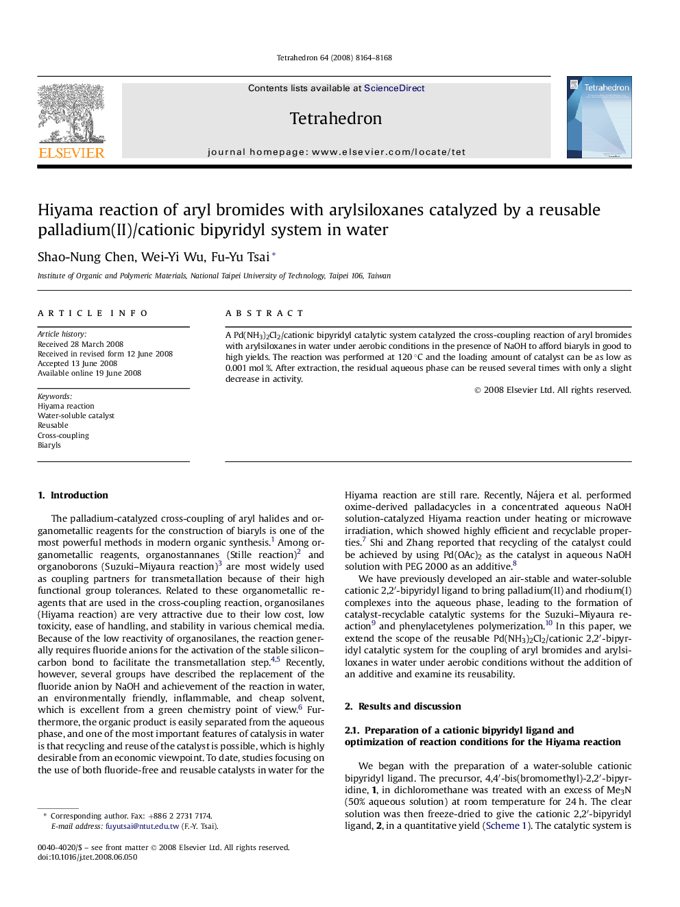 Hiyama reaction of aryl bromides with arylsiloxanes catalyzed by a reusable palladium(II)/cationic bipyridyl system in water