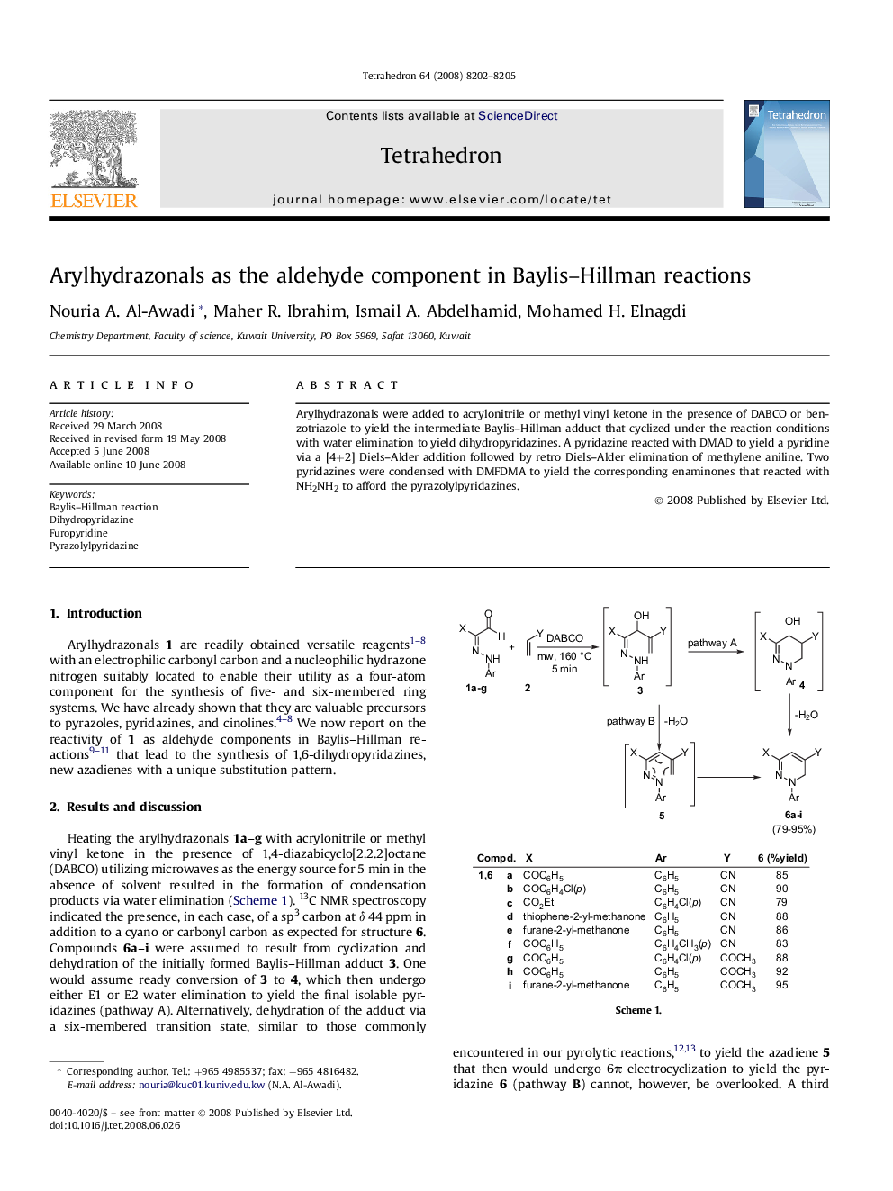 Arylhydrazonals as the aldehyde component in Baylis-Hillman reactions