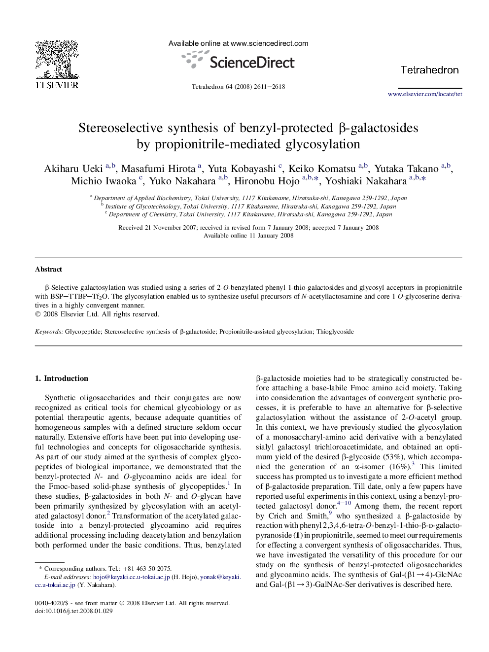 Stereoselective synthesis of benzyl-protected Î²-galactosides by propionitrile-mediated glycosylation