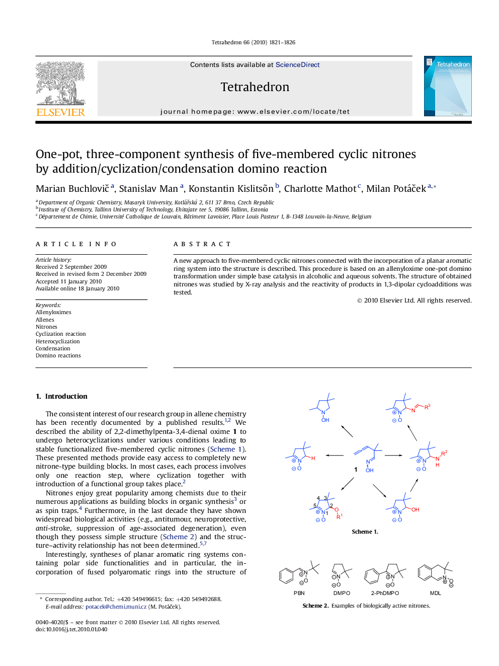 One-pot, three-component synthesis of five-membered cyclic nitrones by addition/cyclization/condensation domino reaction