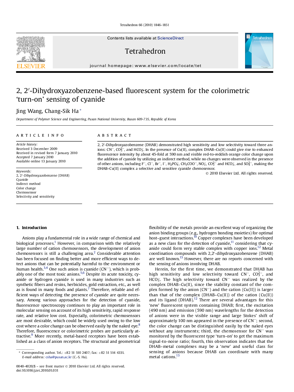 2, 2â²-Dihydroxyazobenzene-based fluorescent system for the colorimetric 'turn-on' sensing of cyanide